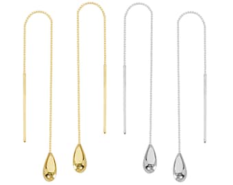 Tear Drop Threader Earrings Long Box Chain Earrings 14K Solid Yellow White Gold Women Minimalist Ear Threader