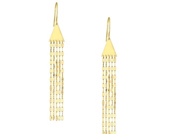 Fringe Earrings 14K Solid Yellow Gold Long Chain Tassel Earrings, Women Dainty Pyramid Earrings, 14K Gold Waterfall Earrings