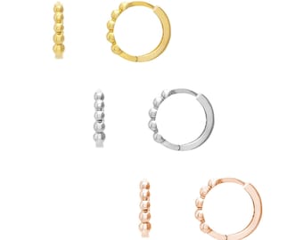 Huggie Earrings 14K Solid Yellow White Rose Gold, Beaded Huggie Hoop Earrings, Small Hinged Hoop Earrings