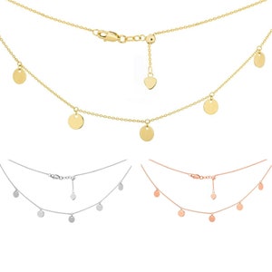 Disc Choker Necklace Real 14K Yellow White Rose Solid Gold Dangle Coin Necklace For Women, Dainty Adjustable Cable Chain Choker Up To 16&quot;