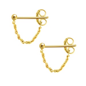 14K Solid Gold Chain Stud Earrings, Front To Back Chain Earrings, Drop Dangle Chain Studs, Chain Loop Earrings, Minimalist Earrings