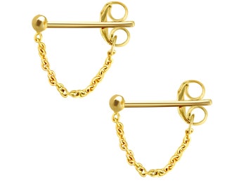 14K Solid Gold Chain Stud Earrings, Front To Back Chain Earrings, Drop Dangle Chain Studs, Chain Loop Earrings, Minimalist Earrings