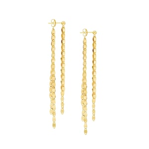 Long Chain Fringe Earrings Real 14K Solid Yellow Gold Front Back Mirror Chain Earrings for Women, Delicate Dangle Tassel Earrings