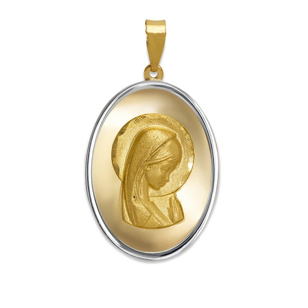14K Solid Two Tone Gold Virgin Mary Miraculous Medal, Our Lady of Guadalupe Oval Pendant, Religious Necklace Pendant