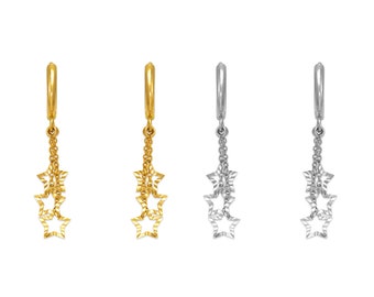 14K Solid Yellow White Gold Triple Star Dangle Drop Chain Earrings, Modern Celestial Jewelry