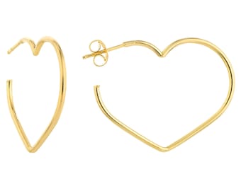 Heart Hoop Earrings 14K Solid Yellow Gold Hoop Stud Earrings, Women 14K Gold Hoops Minimalist Gold Heart Earrings