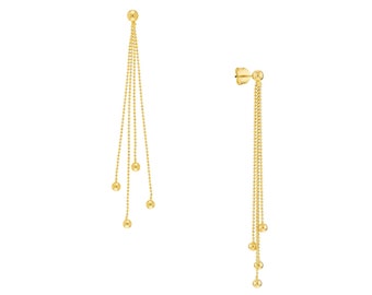 Bead Dangle Earrings 14K Solid Yellow Gold Beaded Chain Earrings Long Chain Stud Earrings, Tassel Drop Earrings