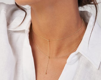 14K Solid Gold Double Strand Choker Chain, Dainty Layered Bead Chain Necklace, Minimalist Necklace, Adjustable Choker