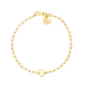 14K Real Gold Bracelet For Girls, Heart Charm Bracelet 14K Solid Yellow Gold Engraved Heart Tag " Mommy loves you", Girls 14K Gold Bracelet, Gold Paperclip Chain Bracelet Dainty Gold Bracelet