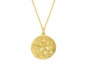 Sand Dollar Necklace 14K Solid Yellow Gold Sand Dollar Medallion Pendant Beach Necklace, Women Dainty Disk Coin Necklace