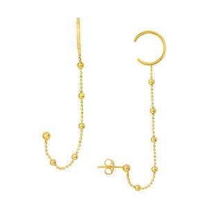 Ear Cuff Chain Earrings 14K Solid Yellow Gold Bead Chain Stud Earrings Women, Cartilage Hoop Chain Earrings, Chain Dangle Ear Cuff Earrings