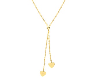 Heart Lariat Necklace 14K Solid Gold Double Heart Drop Necklace,  Dainty Y Necklace Adjustable Hammered Mariner Chain