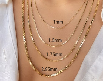 Collar de cadena de caja de 1 mm-2,85 mm Cadena de corte de diamante de oro real de 10K 14K, cadena de eslabones de caja de oro real amarillo delicado de 10K 14K para hombres y mujeres