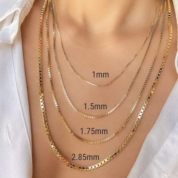 1mm-2.85mm Box Chain Necklace 10K 14K Real Gold Diamond Cut Chain, Dainty 10K 14K Yellow Real Gold Box Link Chain For Men Women