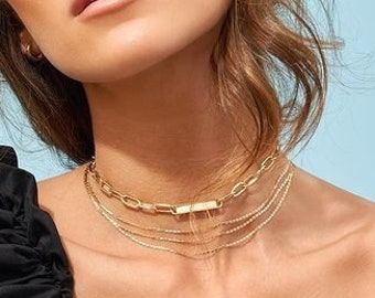 Mirror Link Chain Triple Layered Necklace 14K Solid Gold Multi Strand Necklace For Women, Adjustable 14K Real Gold Three Strand Necklace