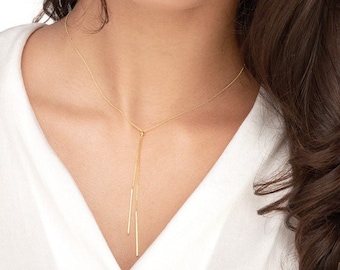 Double Bar Lariat Necklace 14K Solid Yellow Gold Drop Bar Necklace, Women Adjustable Cable Chain Lariat Drop Y Stick Necklace