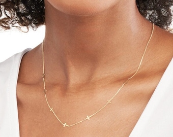 14K Solid Gold Sideways Cross Necklace – Multi Cross Station, Adjustable Cable Chain