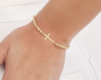 Sideways Cross Bracelet 14K Solid Gold Twisted Rope Chain Bracelet Adjustable Up To 7.25"