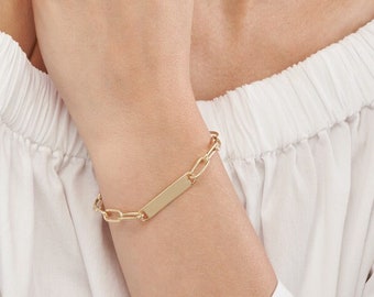 Paperclip Chain Bracelet 14K Solid Yellow Gold Bar Bracelet, Women Oval Link Bracelet Minimalist Stacking ID Bracelet