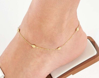 Anklet Bracelet 14K Solid Gold, Delicate Heart Ankle Bracelet, Adjustable Singapore Chain Foot Anklet