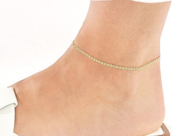 Anklet Bracelet 14K Solid Gold 2.2mm Flat Mariner Link Chain Anklet, Adjustable 14K Yellow White Rose Real Gold Ankle Bracelet For Women