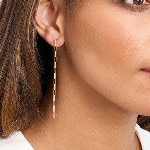 Box Chain Earrings Real 14K Yellow Solid Gold Long Chain Drop Earrings For Women,  Minimalist Chain Link Dangle Earrings, Gift For Her