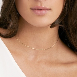 Mirror Link Chain Choker Necklace Real 14K Yellow White Rose Solid Gold 1.25mm Thin Chain Necklace, Adjustable Sparkle Chain For Women