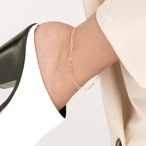 Paperclip Anklet 14K Solid Gold 3mm Thin Paper Clip Link Chain Foot Bracelet, Dainty 14K Yellow Real Gold Ankle Bracelet For Women