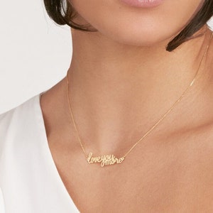 Naszyjnik Love You More 14K Solid Yellow Gold Naszyjnik Love Script, delikatny damski naszyjnik ze złota 14K z regulowanym łańcuszkiem kablowym