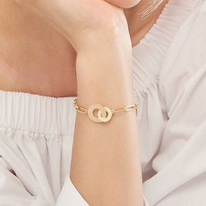 Interlocking Circle Bracelet Real 14K Yellow Solid Gold 3.8mm Thick Paperclip Link Chain Bracelet, Double Circle Bracelet For Women