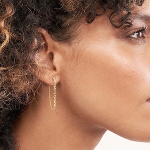 Chain Stud Earrings 14K Solid Yellow Gold Drop Dangle Cable Chain Earrings, Dainty 14K Real Gold Chain Link Earrings, Front Back Earrings