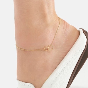 Double Circle Anklet Real 14K Solid Yellow Gold Infinity Ankle Bracelet for Women, Adjustable Cable Chain Foot Bracelet, Family Anklet