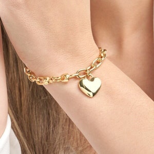 Large Heart Charm Bracelet Real 14K Yellow Solid Gold 6.85mm Thick Rolo Link Chain Bracelet For Women, Chunky Gold Bracelet, Gift For Her