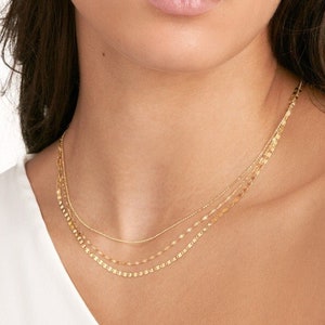 Multi Strand Necklace Real 14K Solid Yellow Gold Mixed Chain Necklace for Women, Sparkle Triple Layered Necklace, Gift For Her