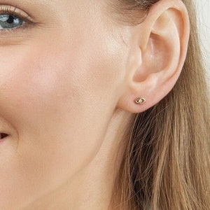 Diamond Evil Eye Earrings Real 14K Yellow Solid Gold Tiny Diamond Stud Earrings For Women, Dainty 14K Gold Studs Good Luck Earrings