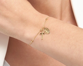Rosenkranz Armband 14K Massivgold Wunderbare Jungfrau Maria Medaille Kreuz Charm Armband für Frauen