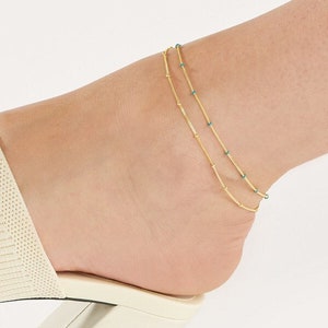 Double Strand Ankle Bracelet Real 14K Solid Yellow Gold Blue Enamel Beaded Anklet For Women, Satellite Chain Foot Bracelet, Layered Anklet