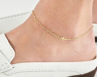 Sideways Cross Anklet 14K Solid Yellow Gold Cross Ankle Bracelet Women, Paperclip Chain Foot Bracelet