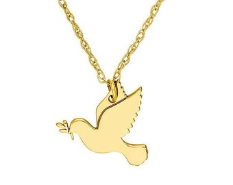 Holy Spirit Necklace 14K Solid Gold Peace Dove Pendant Necklace For Women, Dainty 14K Yellow Real Gold Bird Necklace, Religious Jewelry