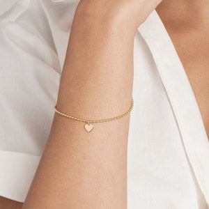 Heart Charm Bracelet Real 14K Yellow Solid Gold Dainty Heart Bracelet For Women, 2mm Thin Ball Bead Chain Bracelet, Gift For Her