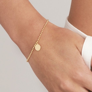 Disc Bracelet 14K Yellow Solid Gold Dainty Flat Coin Bracelet For Women, 2mm Thin 14K Real Gold Bead Bracelet, Gift For Her