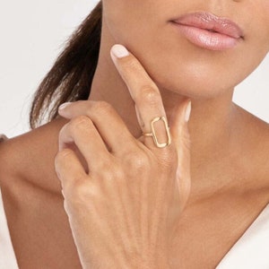 Open Rectangle Ring Real 14K Solid Gold Large Geometric Statement Ring For Women