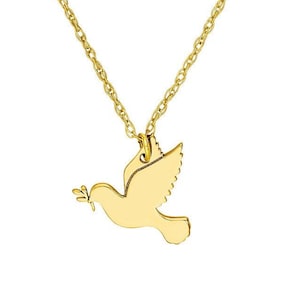 Holy Spirit Necklace 14K Solid Gold Peace Dove Pendant Necklace For Women, Dainty 14K Yellow Real Gold Bird Necklace, Religious Jewelry