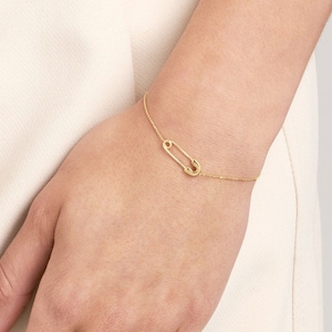 Safety Pin Bracelet 14K Solid Gold Charm Bracelet For Women, Dainty Adjustable 14K Yellow Real Gold Cable Chain Bracelet for Women