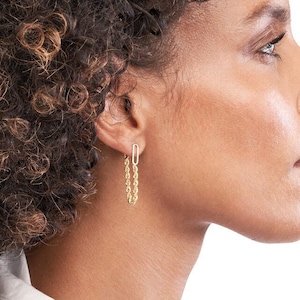 Front Back Rope Chain Earrings Real 14K Yellow Solid Gold Paperclip Stud Earrings For Women, Minimalist Chain Drop Dangle Stud Earrings