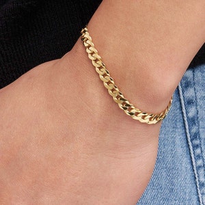Miami Cuban Link Bracelet 14K Solid Gold Cuban Curb Chain Bracelet, 3.1mm 4.7mm 5.7mm Thick 14K Real Gold Bracelet For Men and Women