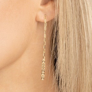 14K Solid Gold Chain Earrings, Mixed Paperclip and Cuban Link Dangle Drop Stud Earrings