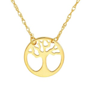 Tree Of Life Necklace Real 14K Yellow Solid Gold Small Cut Out Family Tree Pendant Necklace For Women, Adjustable Twisted Rope Chain
