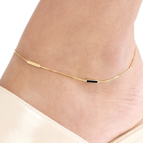 14K Solid Gold Anklet, White Black Neon Pink Turquoise Enamel Bar Chain Anklet, Dainty  Adjustable 14K Real Gold Ankle Bracelet For Women
