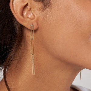 Rectangle Link Earrings 14K Solid Gold Paperclip Link Earrings For Women, Minimalist 14K Yellow Real Gold Long Dangle Stud Earrings